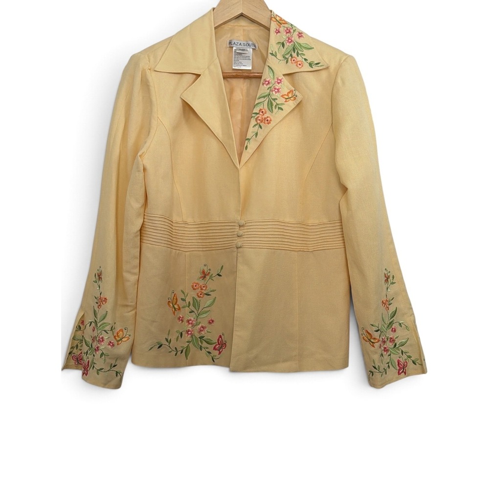 Plaza South Vintage Yellow Linen Blend Embroidered Butterfly Floral Blazer M/L